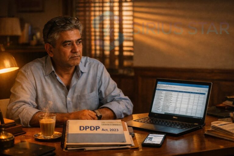 Indian MSME founder reviewing DPDP Act 2023 compliance checklist at a Friday evening desk in Bhopal office