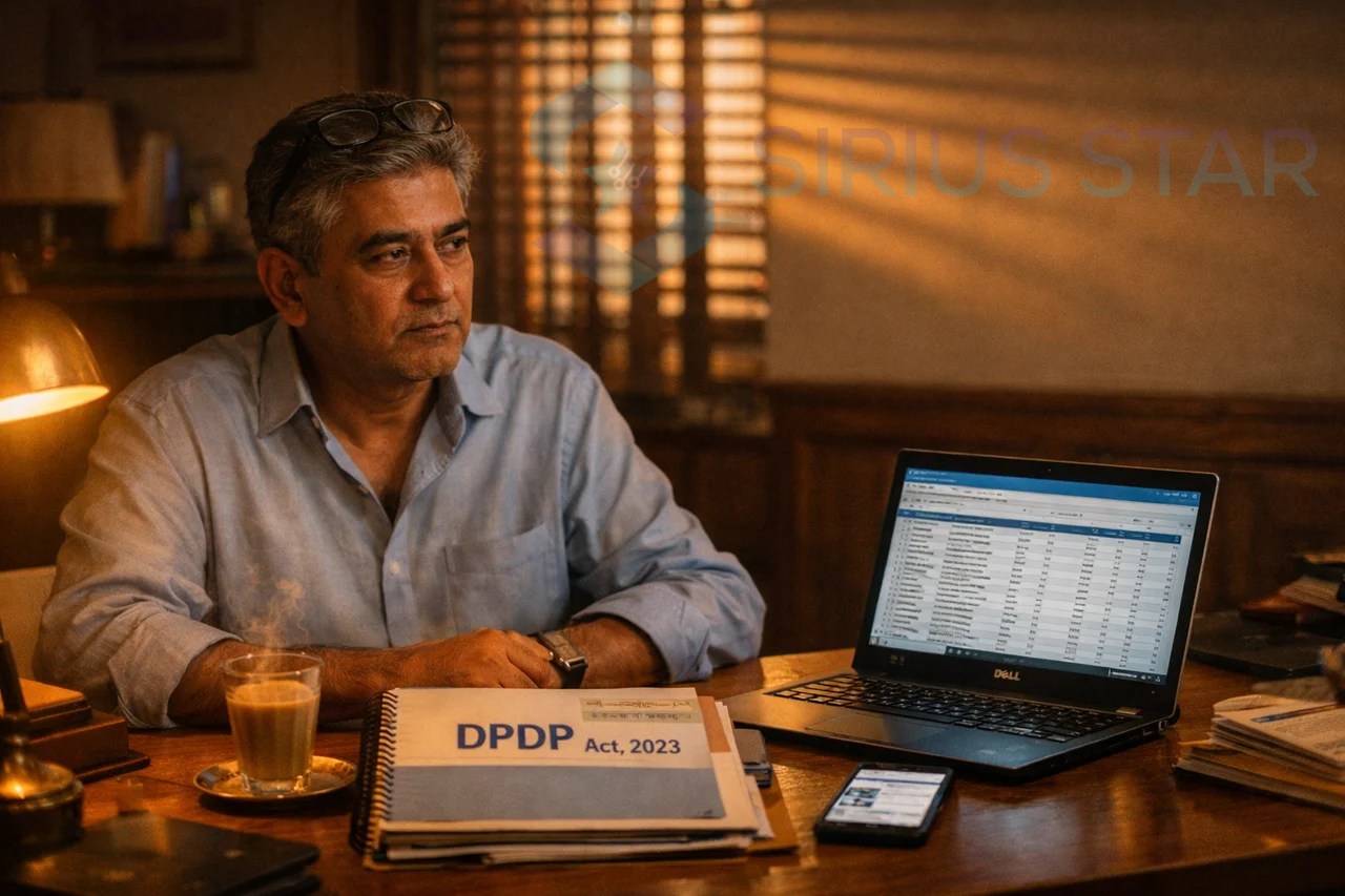 Indian MSME founder reviewing DPDP Act 2023 compliance checklist at a Friday evening desk in Bhopal office