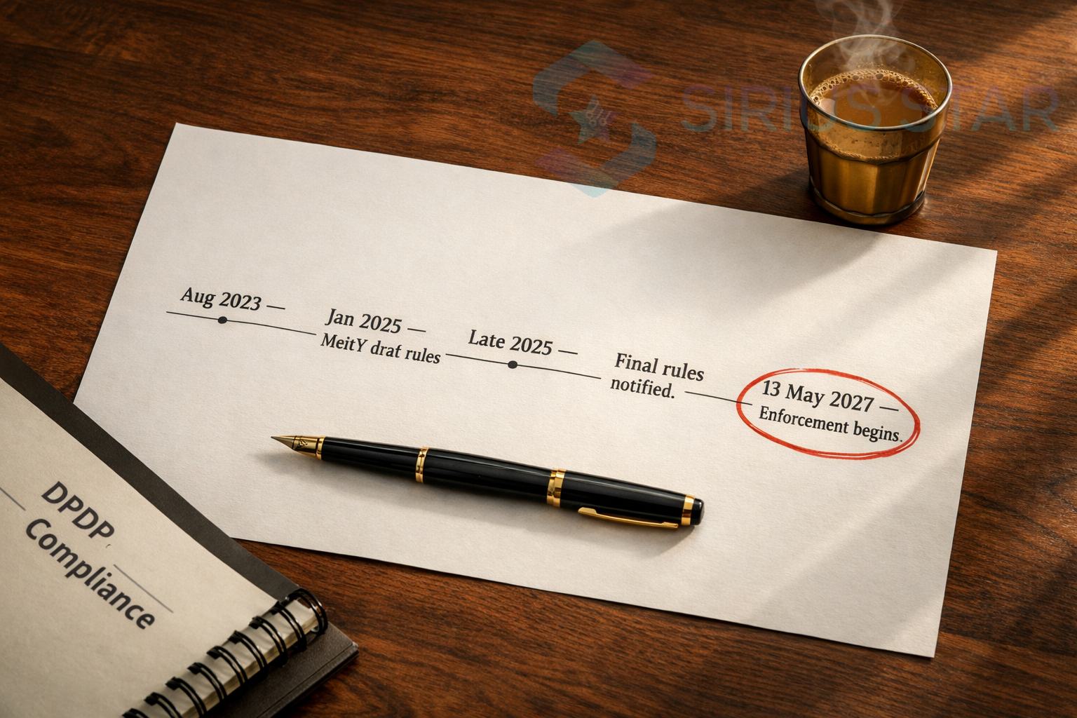 DPDP Act 2023 enforcement timeline — August 2023 passage, January 2025 draft rules, May 13 2027 enforcement deadline for Indian MSMEs