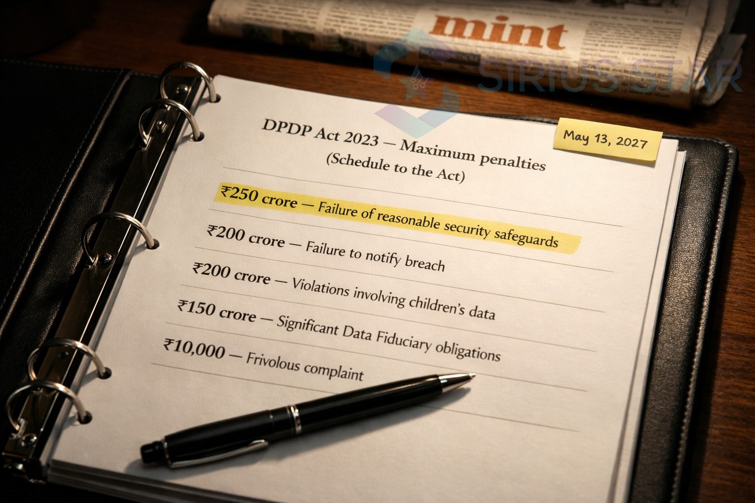 DPDP Act 2023 penalty ceilings for Indian MSMEs — ₹250 crore for security failures, ₹200 crore for breach notification failures