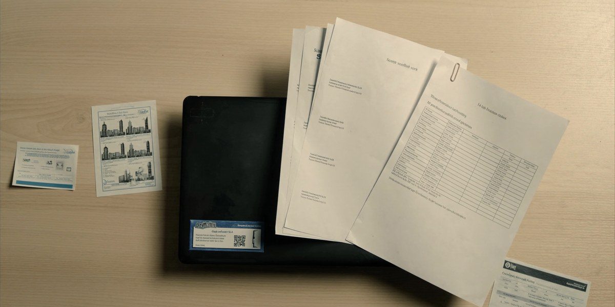 Device-as-a-Service explained — DaaS contract and laptop flat-lay on an Indian office desk, Sirius Star