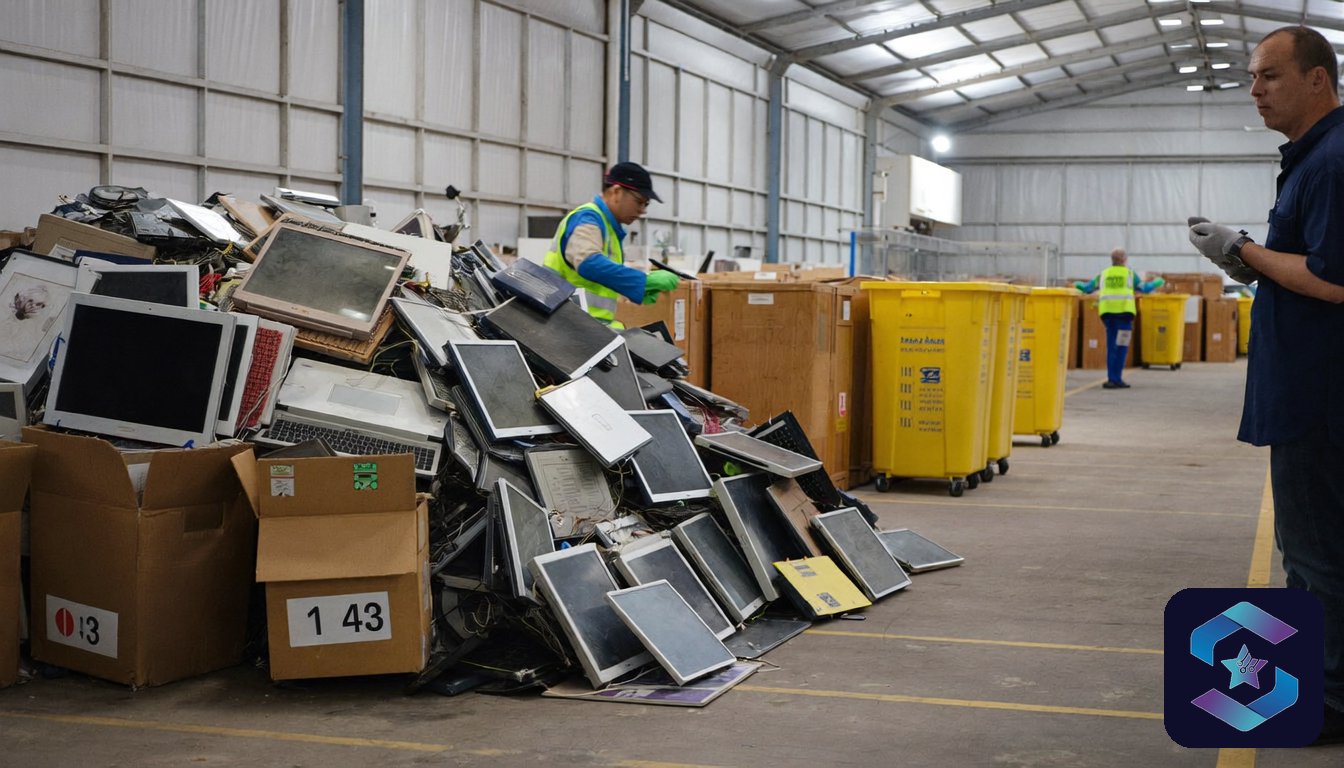Indian e-waste recycling India - retired electronics at certified recycler facility, Sirius Star Enterprise Technologies