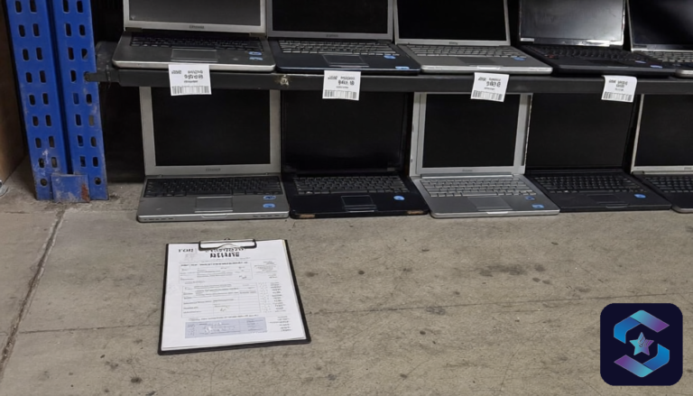IT asset disposal India - retired laptops in warehouse with audit checklist, Sirius Star Enterprise Technologies