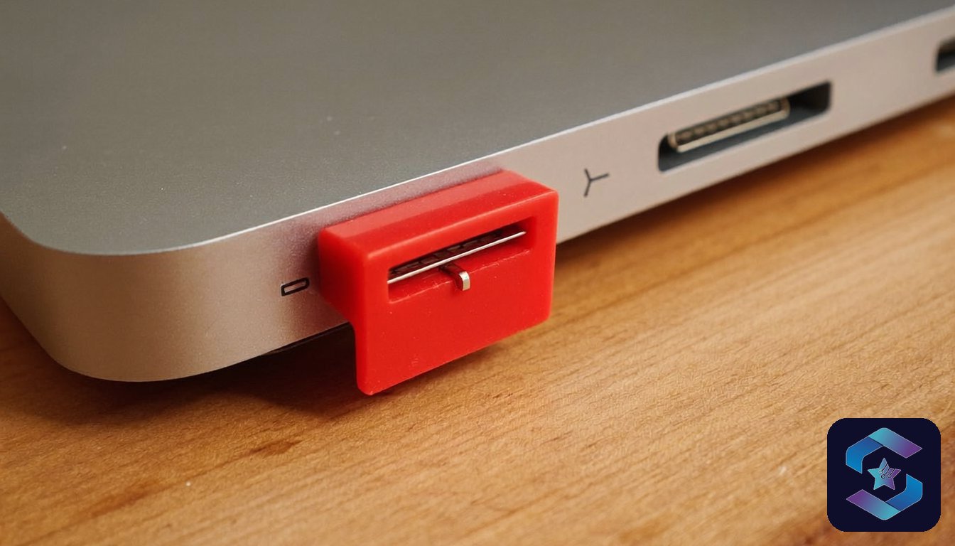 USB port physical block India - laptop USB port with red plastic security plug installed, Sirius Star Enterprise Technologies