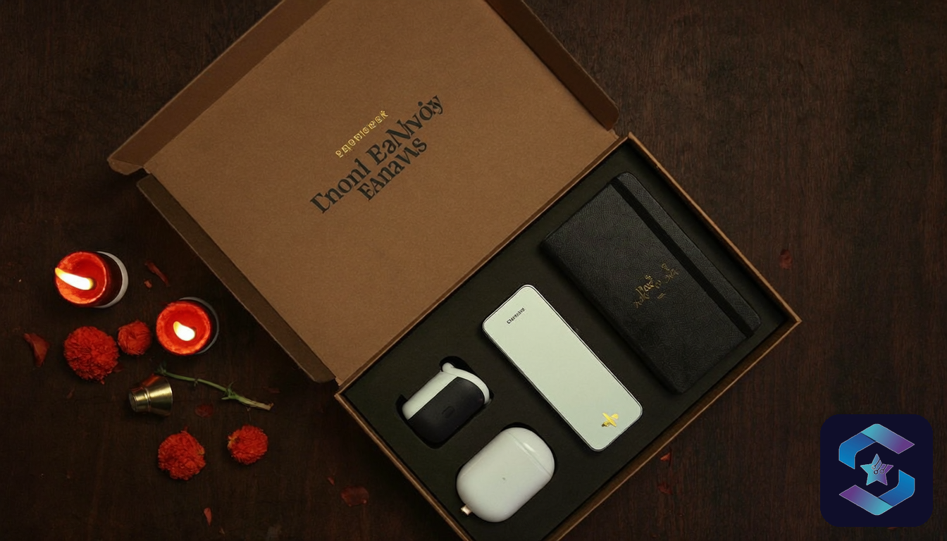 Corporate Diwali tech gifts 2026 India - elegant gift box with tech accessories and diyas, Sirius Star Enterprise Technologies