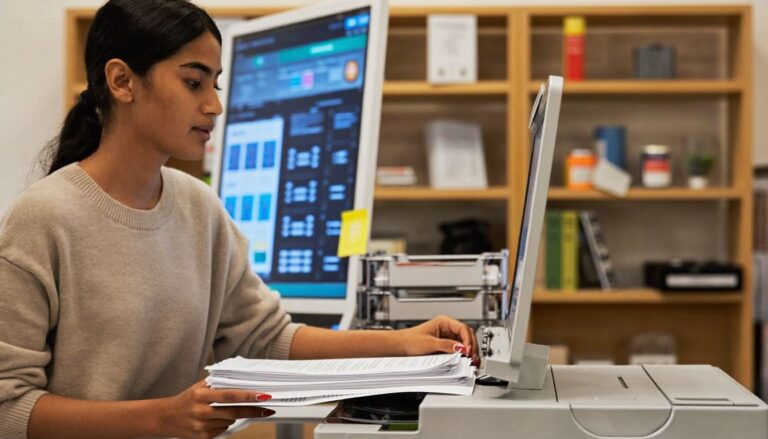 Indian office administrator managing HP LaserJet enterprise print station