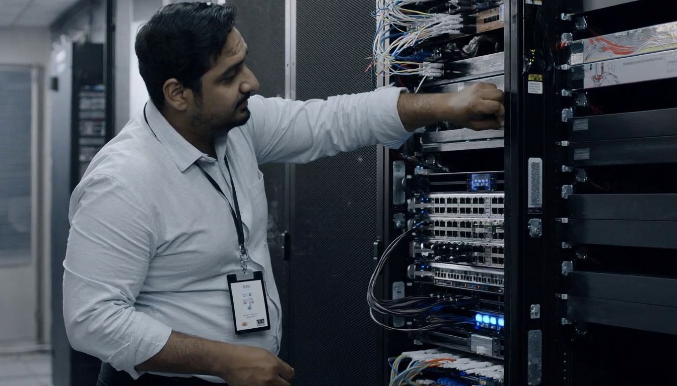 Indian IT engineer configuring a managed network switch stack in a Mumbai server room for Sirius Star