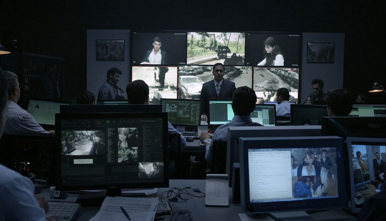 Indian security manager reviewing Hikvision CCTV feeds in an enterprise control room during a Sirius Star walkthrough