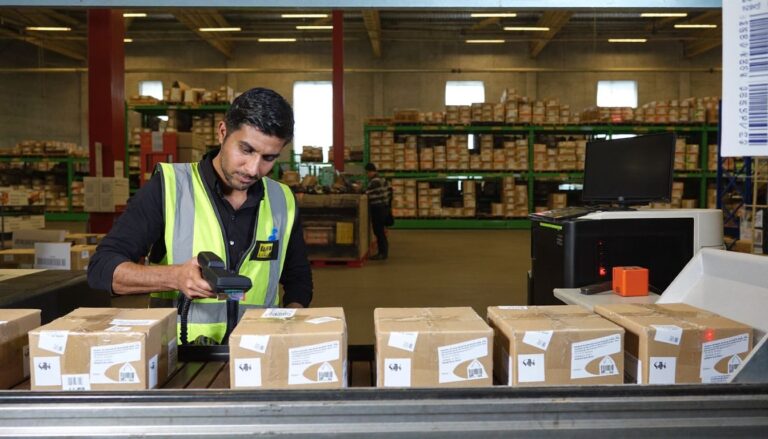 Indian warehouse supervisor scanning inventory with Zebra barcode handheld device