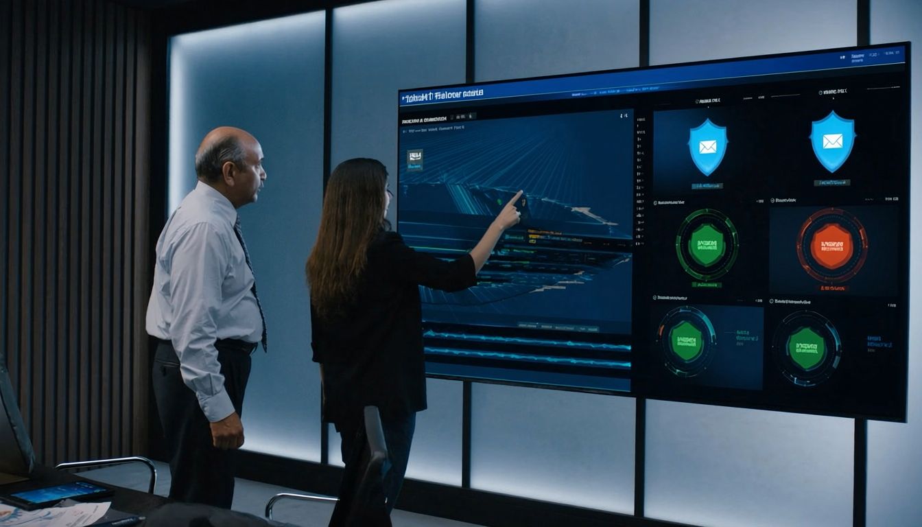 IT lead reviewing data protection dashboard at a Navi Mumbai office