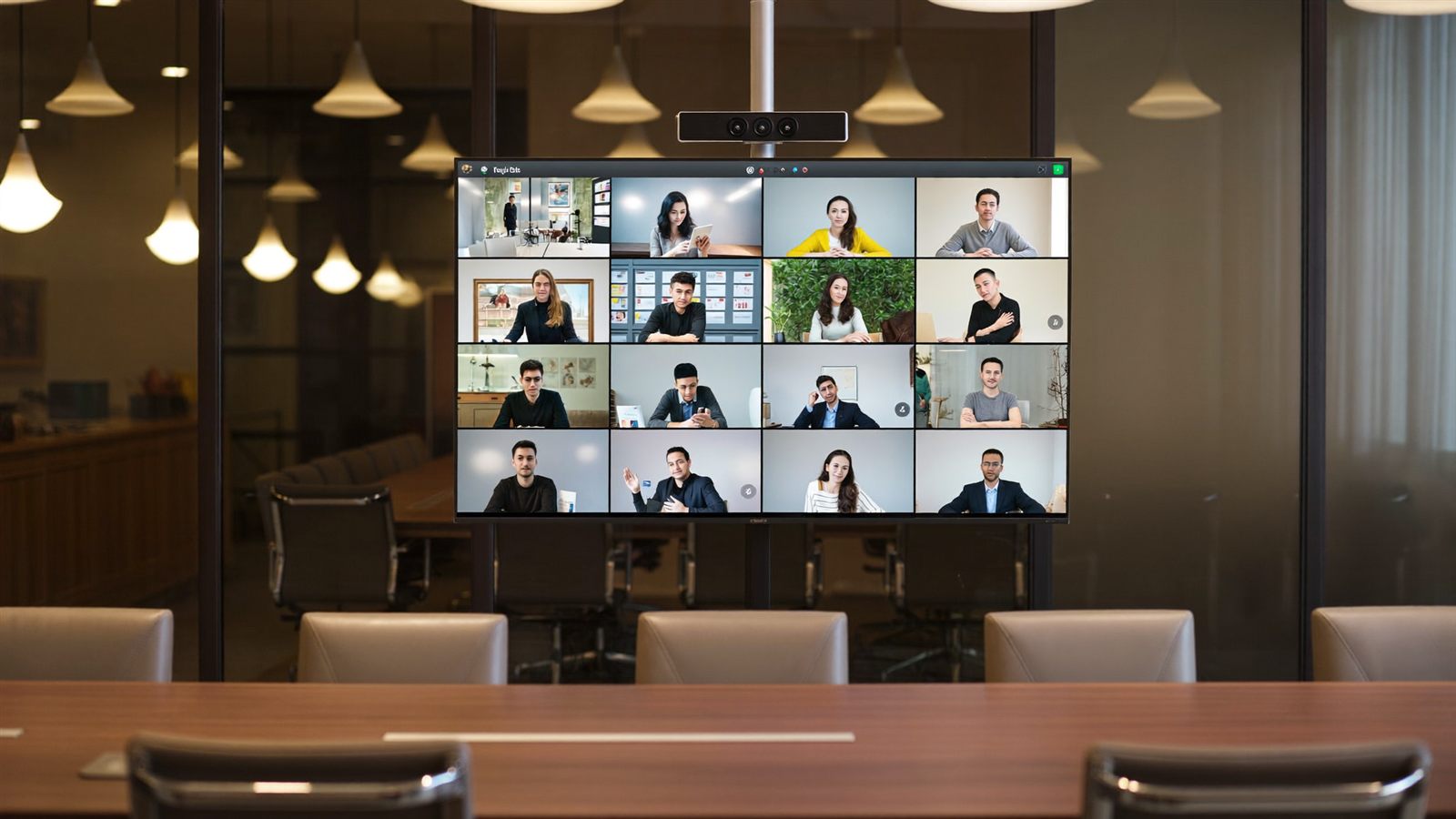 Conference room AV Logitech Rally Bar mounted above 75-inch Samsung display Mumbai boardroom Sirius Star Teams Rooms install