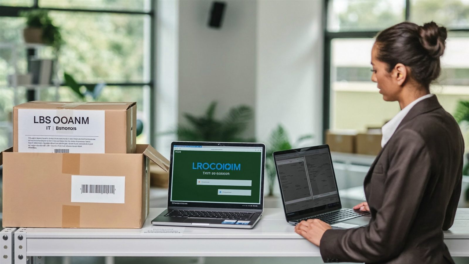Indian IT operations manager next to unboxed business laptops in Mumbai office logistics zone, Sirius Star Device Lifecycle Management