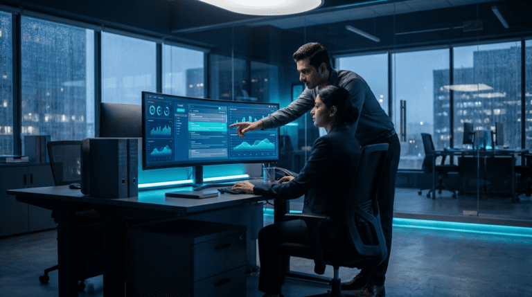 Email DLP in India: security team reviewing outgoing email alerts in a Navi Mumbai office