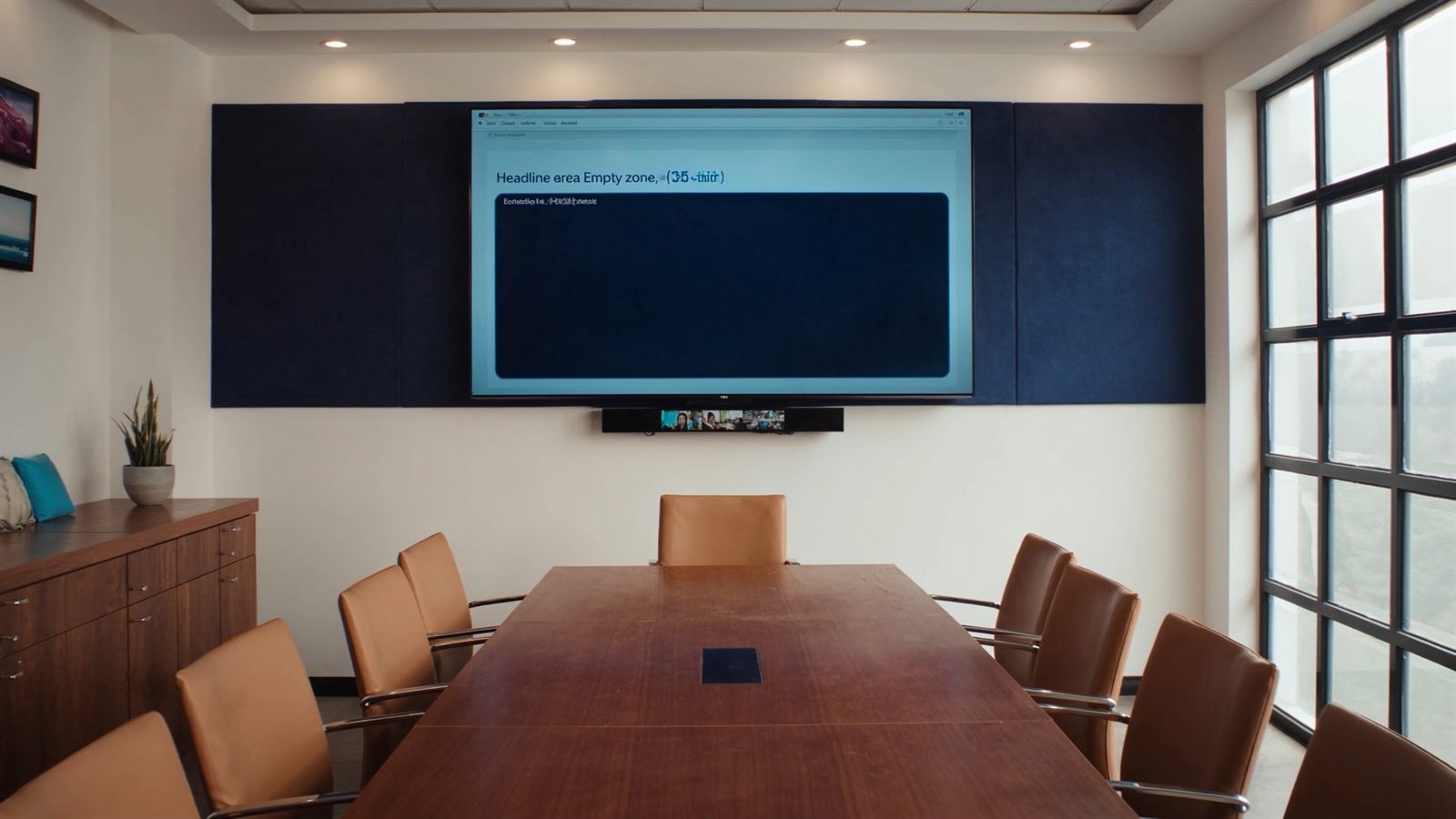 An all-in-one conferencing soundbar mounted below a display in an Indian meeting room