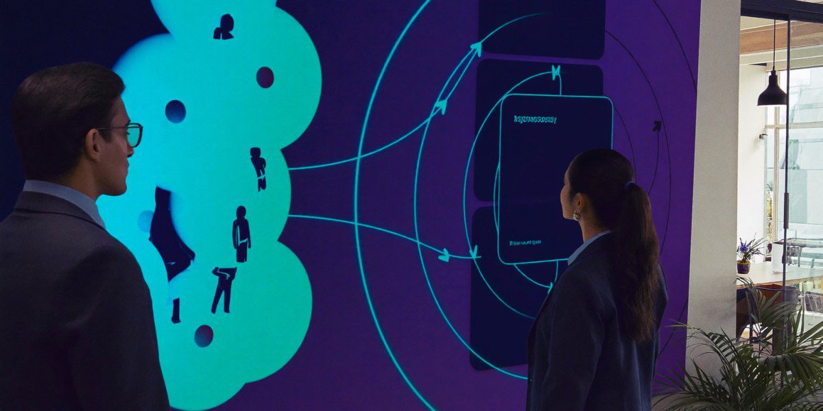 Two Indian security colleagues at an abstract Quantum Networks ZTNA access diagram display in a Mumbai office, Sirius Star Quantum Networks deployment
