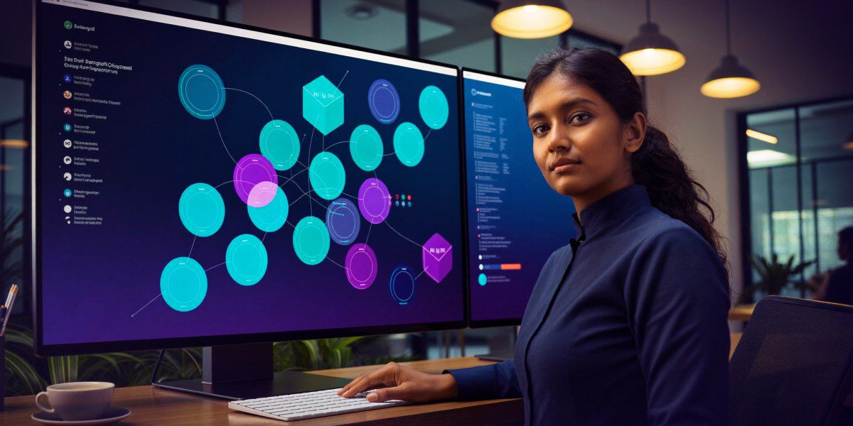 Indian network engineer reviewing an abstract Quantum Networks zero-trust topology at a Mumbai office workstation, Sirius Star Quantum Networks ZTNA deployment