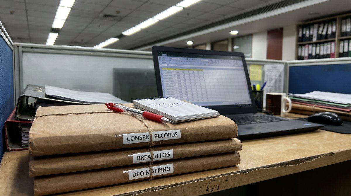 Indian compliance auditor desk Mumbai BFSI office with consent records breach log DPO mapping stack and 72-hour notepad