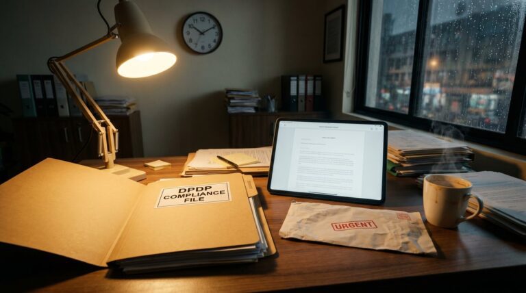 Mumbai SMB founder desk late at night with DPDP compliance file, iPad, show-cause notice, chai mug, clock showing 11:42