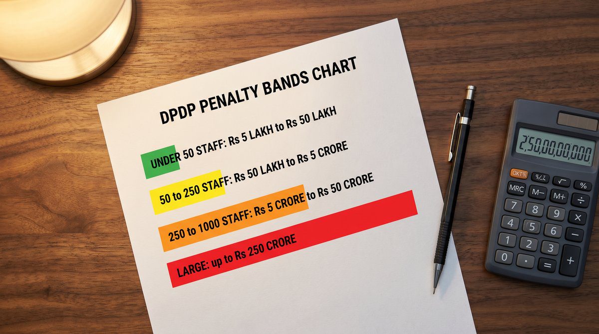 DPDP penalty bands chart showing four tiers Rs 5 lakh to Rs 250 crore for Indian SMBs by company size