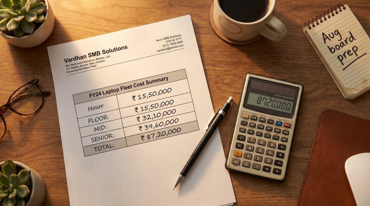 CFO desk with printed three-tier fleet cost summary Floor Mid Senior in rupees, calculator showing 87.2 lakh, August board prep notebook