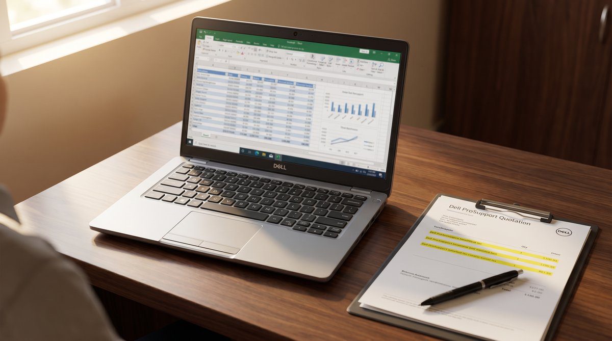 Dell Latitude 5450 laptop with a Dell ProSupport quotation sheet on letterhead with line items highlighted in yellow marker, Indian SMB office