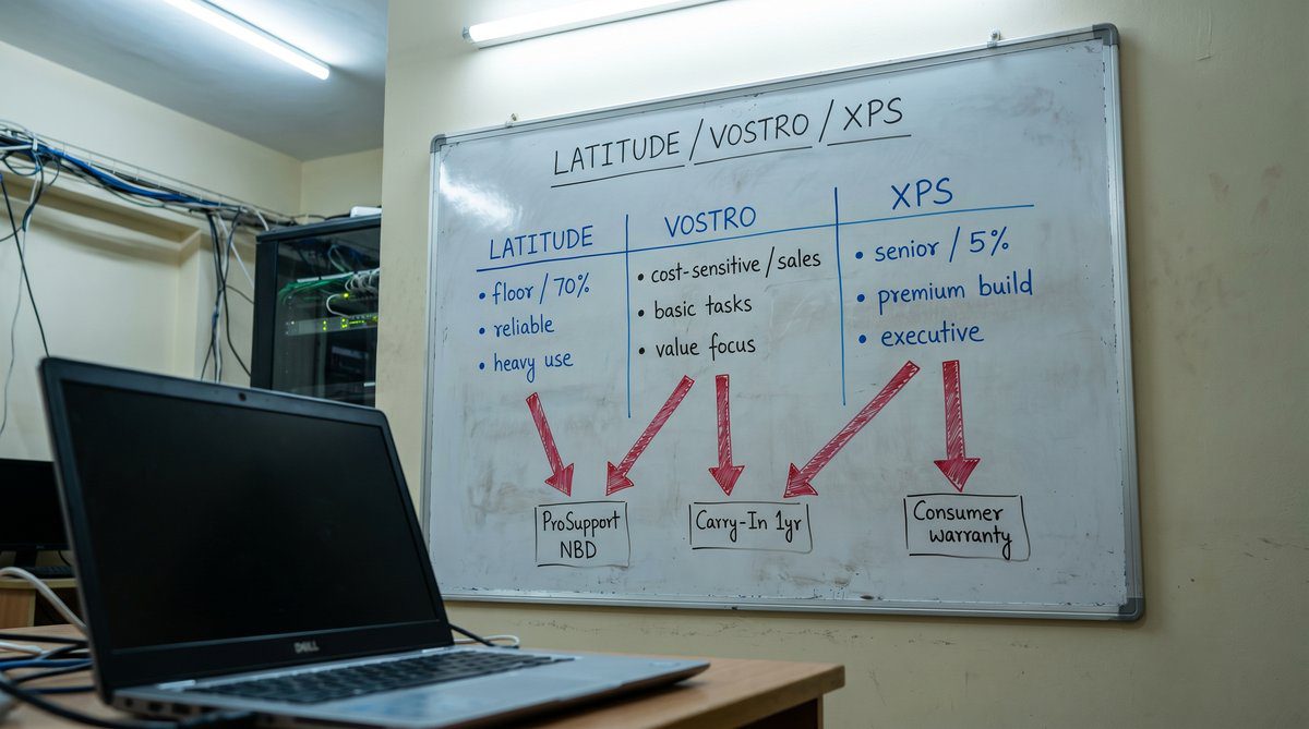 Whiteboard decision matrix with three columns Latitude Vostro XPS showing tier fit and warranty type for an Indian SMB IT room