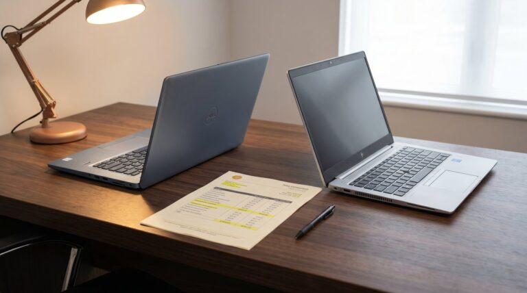 Dell Latitude 5450 and HP EliteBook 840 G11 side by side on an Indian SMB procurement desk with a printed comparison quote