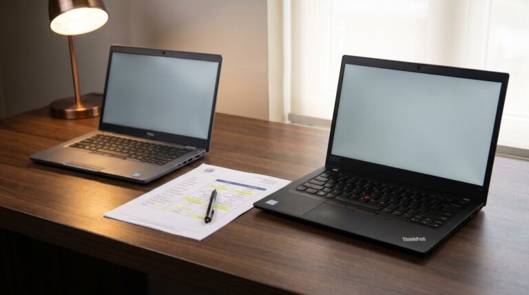 Dell Latitude 5450 and Lenovo ThinkPad T14 side by side on an Indian SMB procurement desk with a printed comparison quote