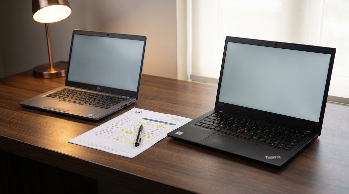 Dell Latitude 5450 and Lenovo ThinkPad T14 side by side on an Indian SMB procurement desk with a printed comparison quote