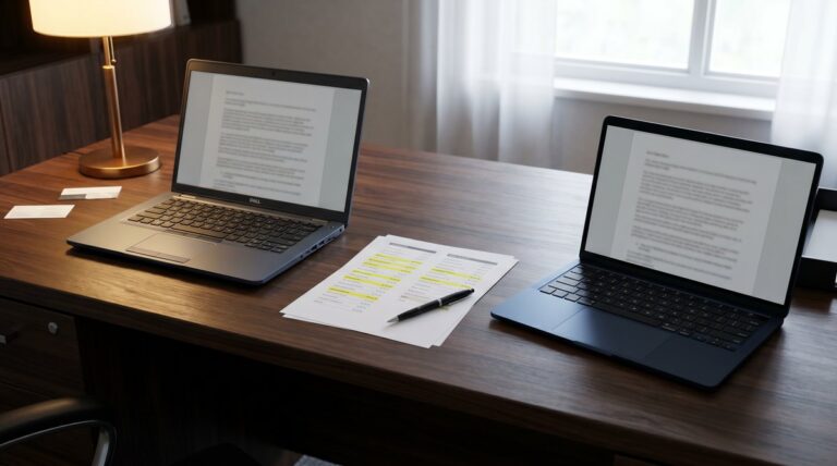 Dell Latitude 5450 and 13-inch MacBook Air M3 side by side on an Indian SMB procurement desk with a printed comparison quote
