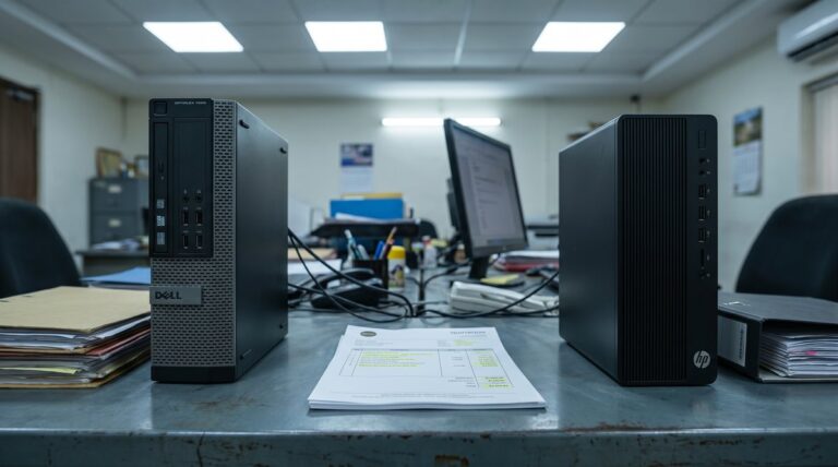 Dell OptiPlex 7020 micro and HP Pro Mini 400 G9 side by side on an Indian SMB back-office desk