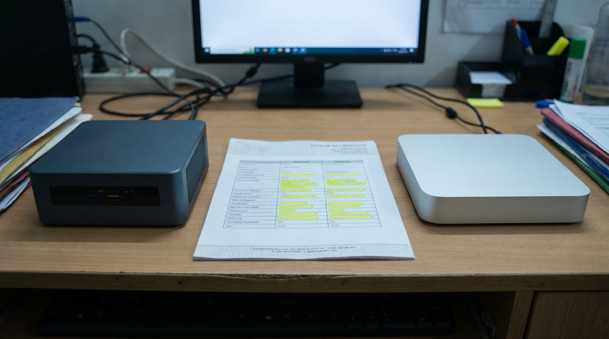 Dell OptiPlex 7020 micro and Mac mini M2 side by side on an Indian SMB back-office desk