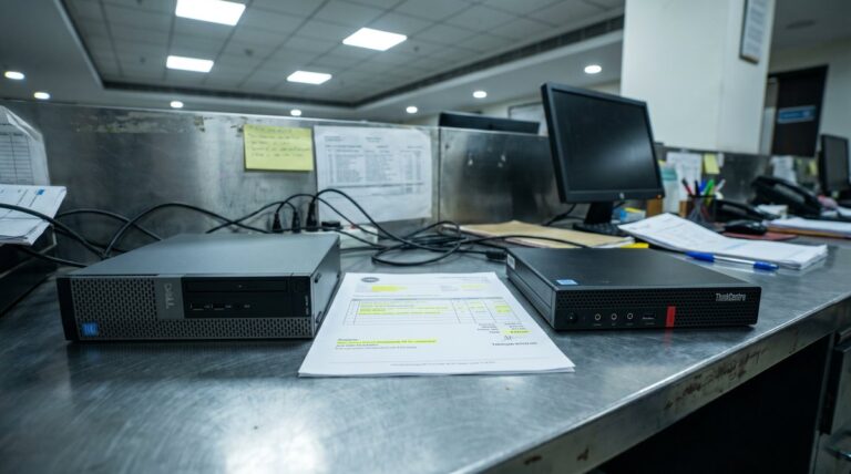 Dell OptiPlex 7020 micro and Lenovo ThinkCentre M90q side by side on an Indian SMB back-office desk