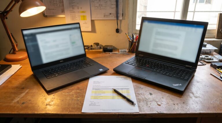 Dell Precision 5680 and Lenovo ThinkStation P16 mobile workstations side by side on an Indian SMB engineering studio desk