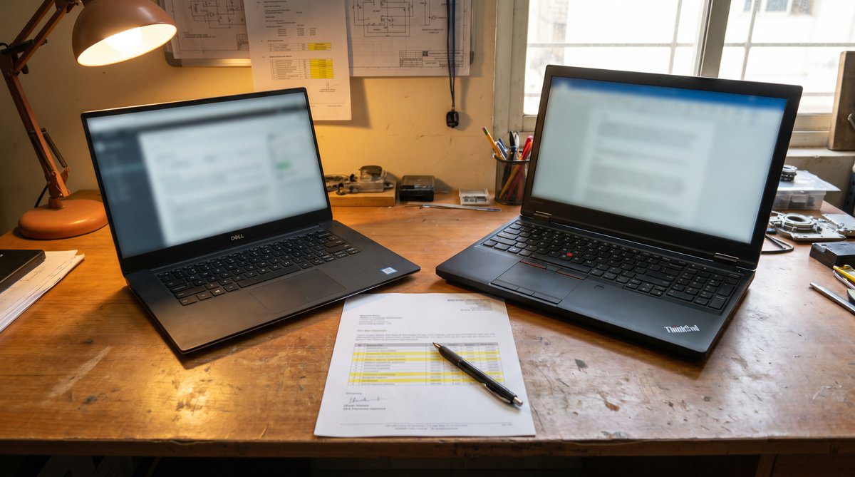 Dell Precision 5680 and Lenovo ThinkStation P16 mobile workstations side by side on an Indian SMB engineering studio desk