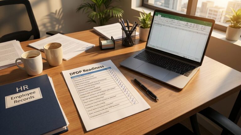DPDP readiness checklist for HR and IT teams on a desk with HR Employee Records folder and laptop, Sirius Star DPDP audit prep