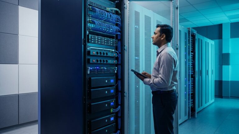 IT engineer inspecting rack-mounted UPS and power distribution units in an Indian enterprise server room