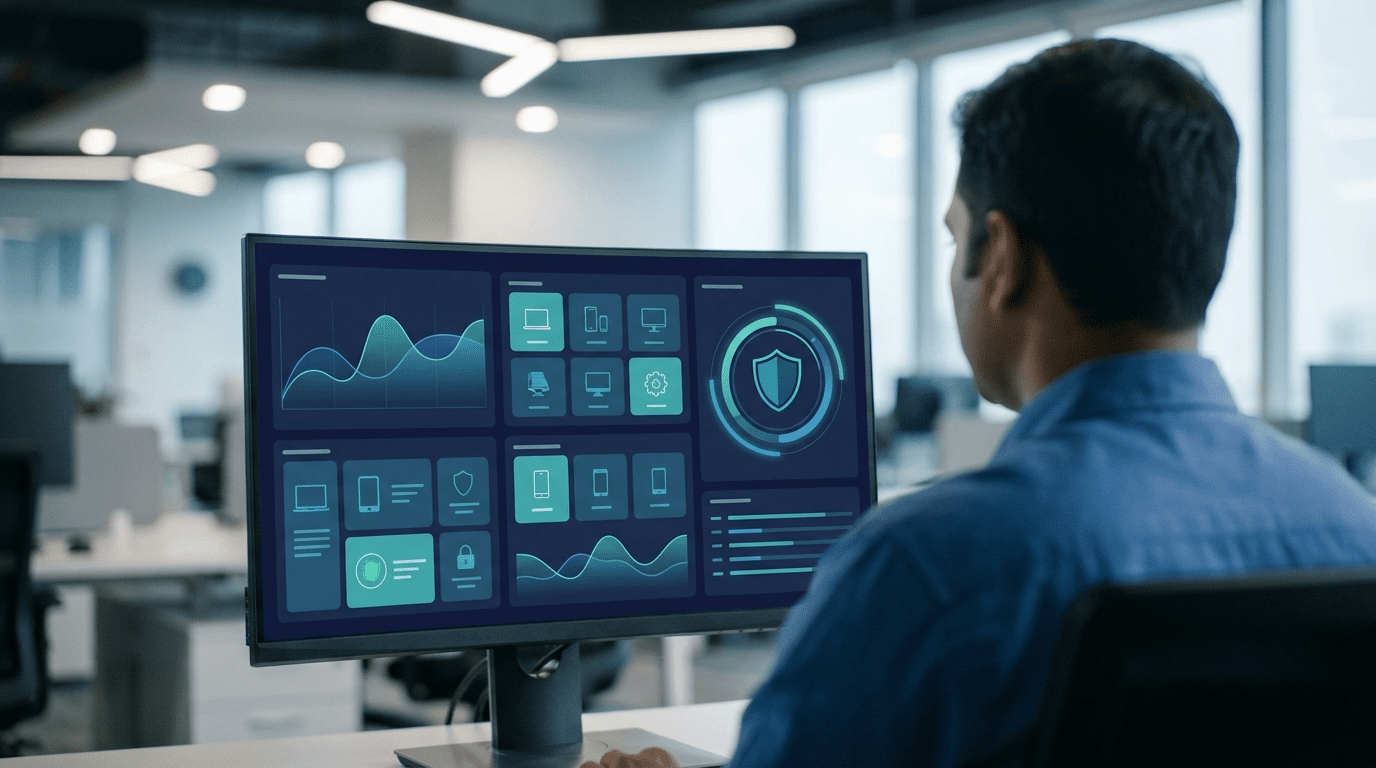 ESET endpoint protection console reviewed by an Indian IT administrator at a Navi Mumbai office desk for a Sirius Star managed rollout