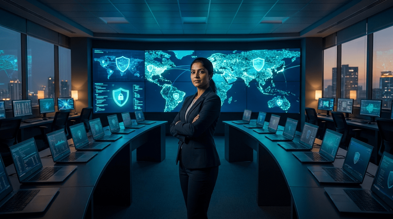 Indian cybersecurity analyst monitoring ESET endpoint security across business laptops in a Mumbai security operations centre for a Sirius Star deployment