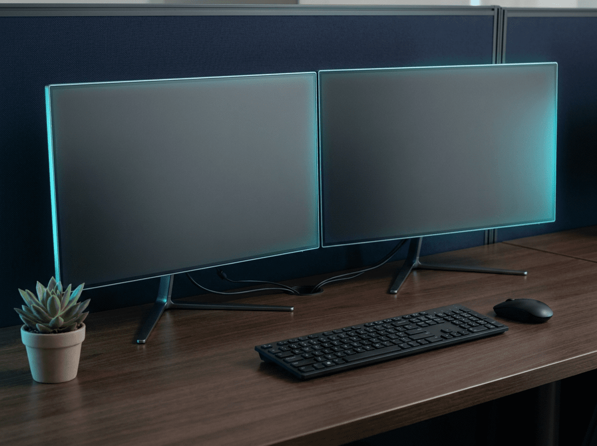 Tidy Indian office desk with an AOC-style dual widescreen monitor setup, keyboard, and mouse