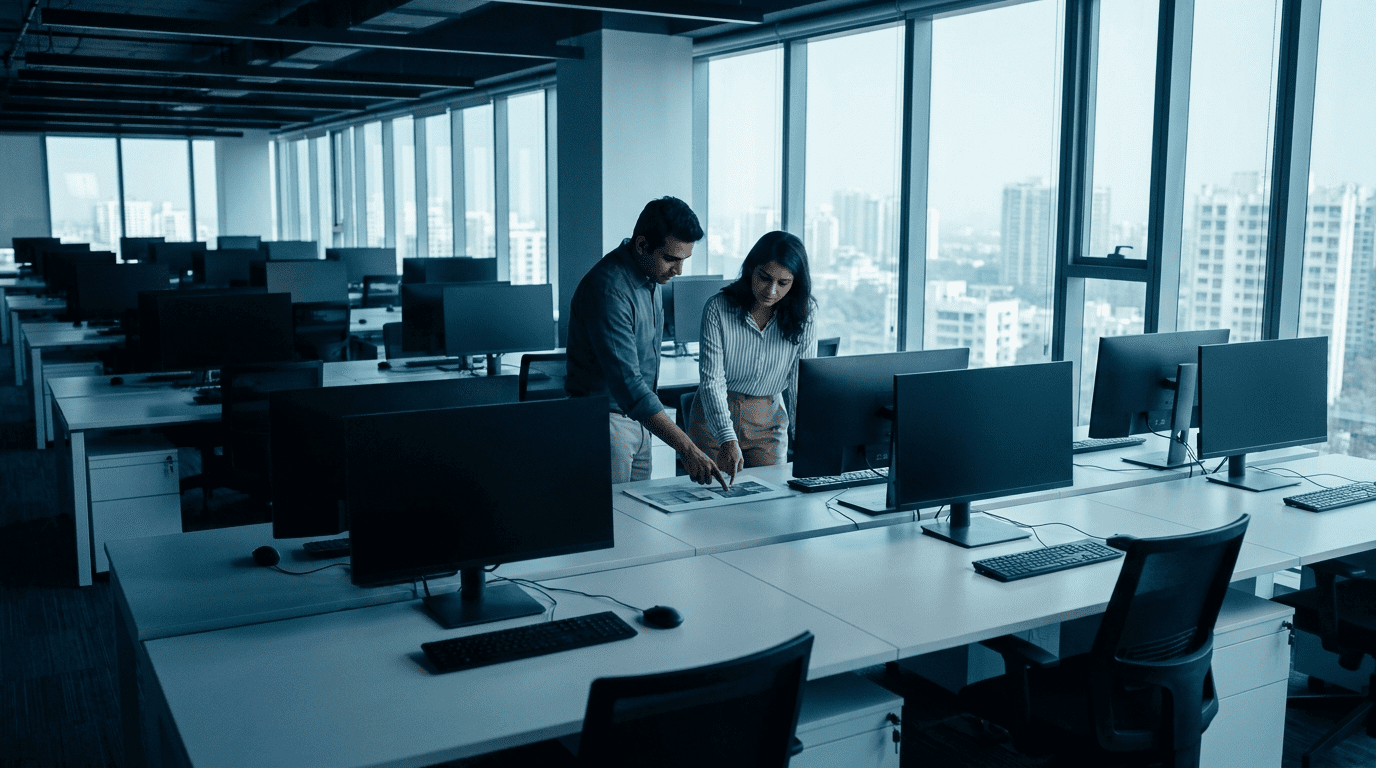 Rows of desks with widescreen business monitors at a Navi Mumbai office, two colleagues reviewing a desk layout