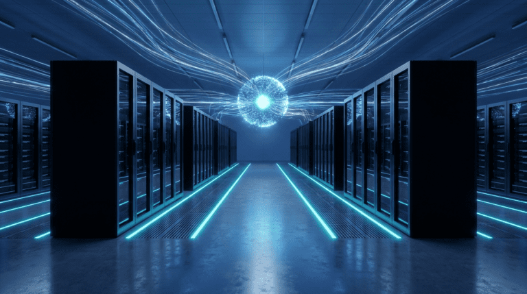 AWS data centre server racks with cyan cold-aisle lighting in India