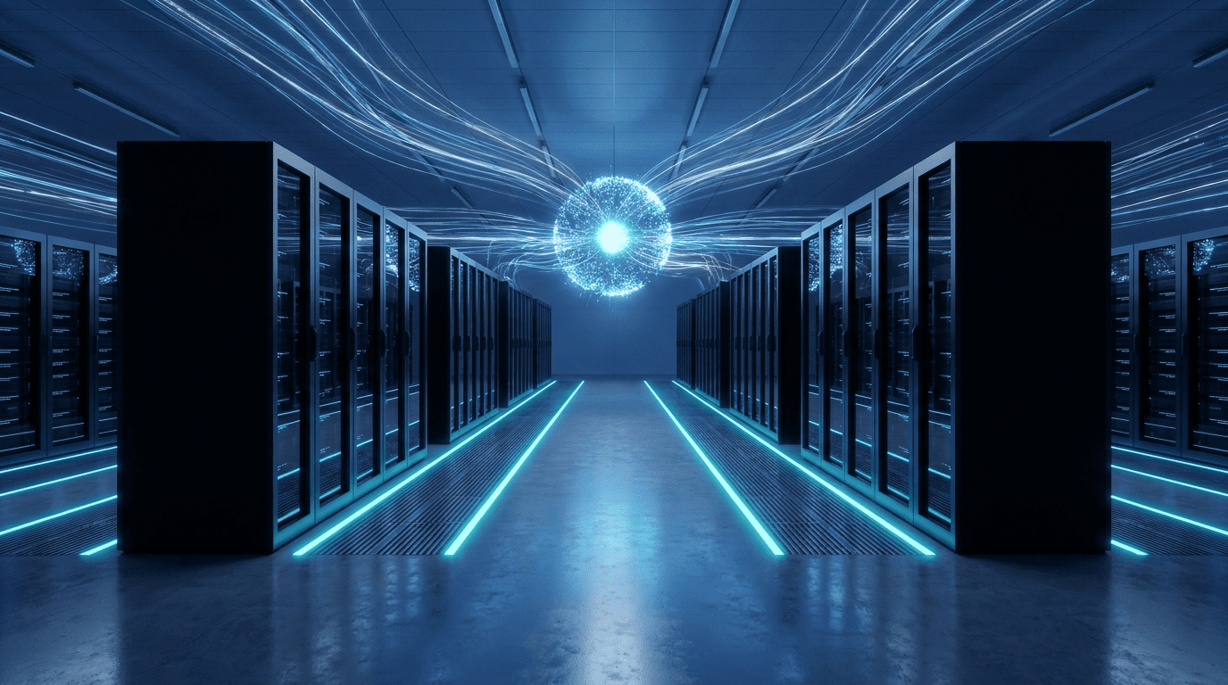 AWS data centre server racks with cyan cold-aisle lighting in India