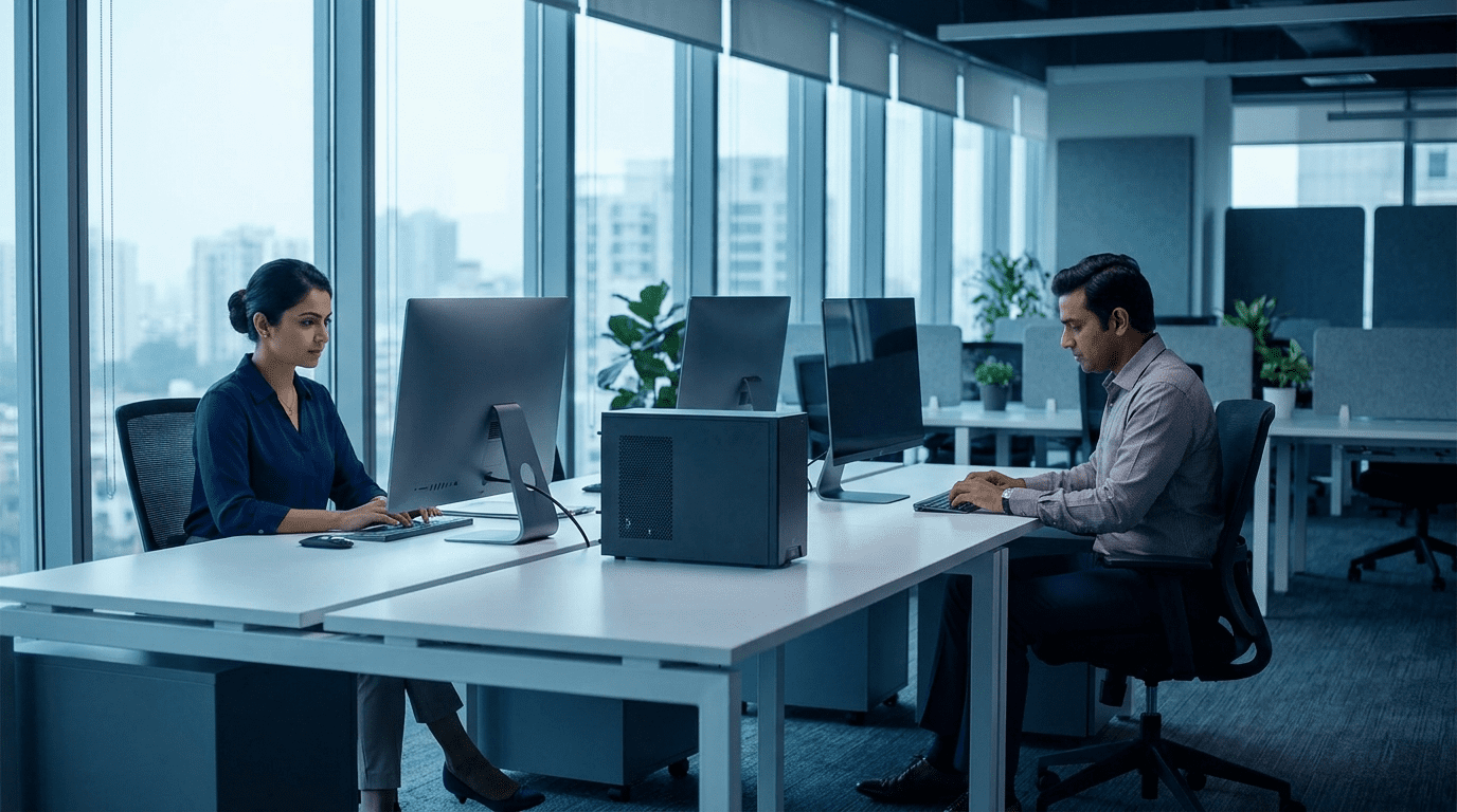 Indian office workspace with all-in-one desktop computers on clean desks, two professionals working, navy and cyan tones