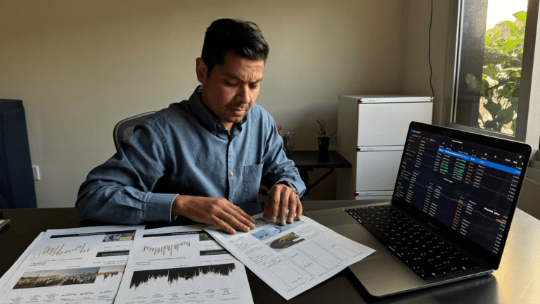 IT lead in Mumbai office reviewing desktop fleet quote documents at his desk