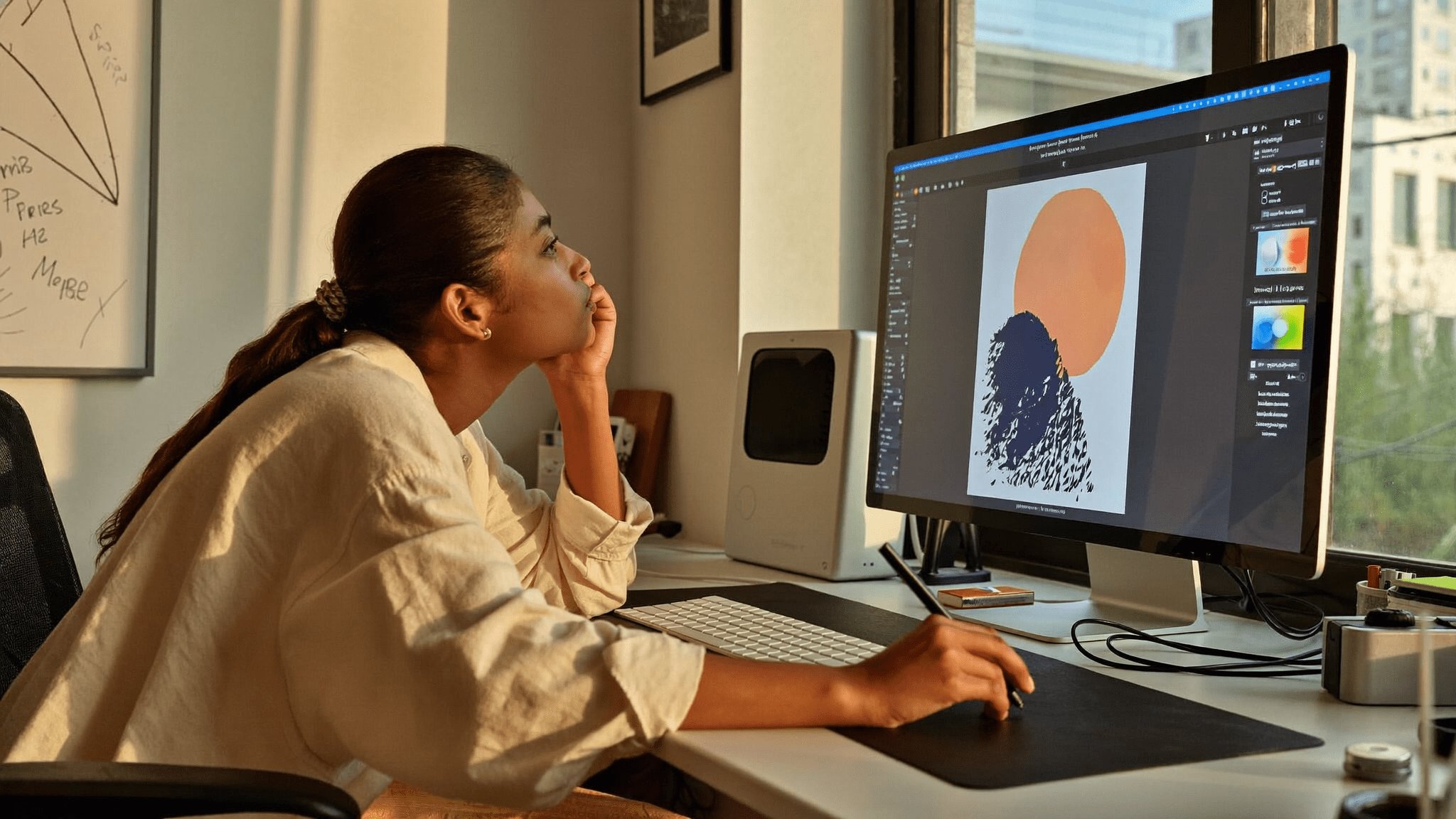 Indian designer at her studio desk in Mumbai, working on a large monitor with a small mini desktop computer beside it