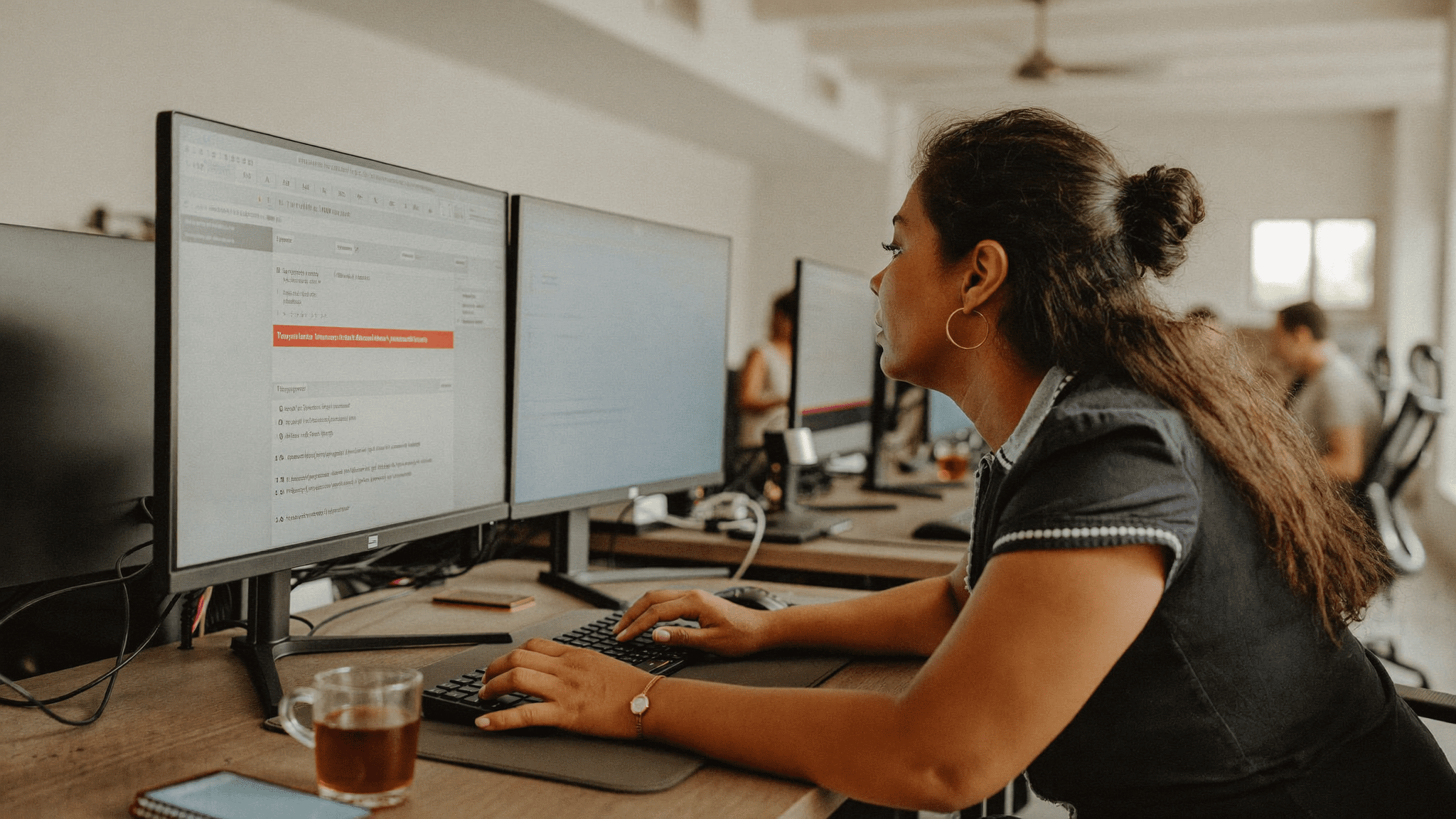 Indian woman IT manager at desk in Pune pharma office reading EDR security alert Monday morning