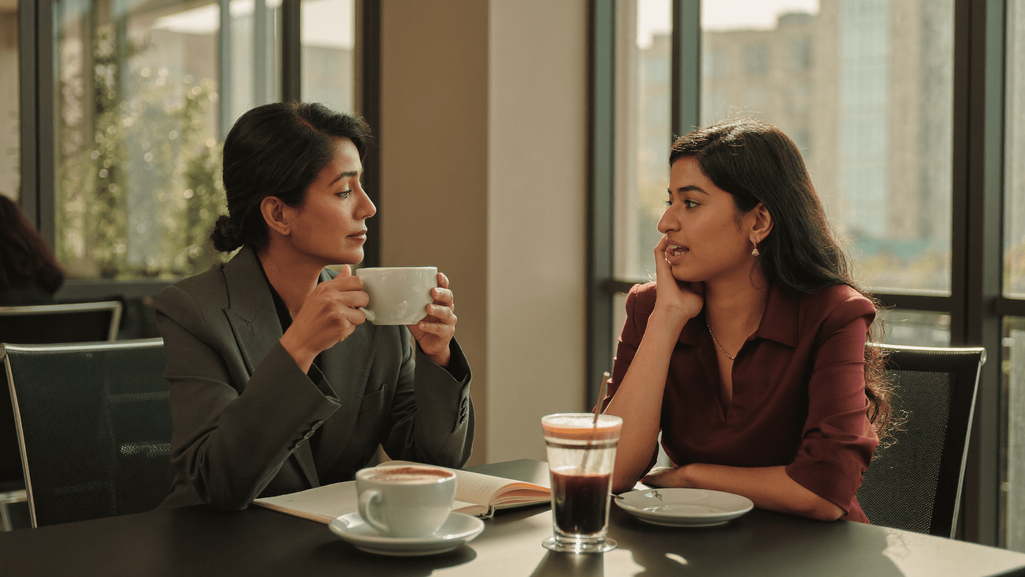 Two Indian women professionals discussing USB security incident over coffee in office cafeteria mid-morning