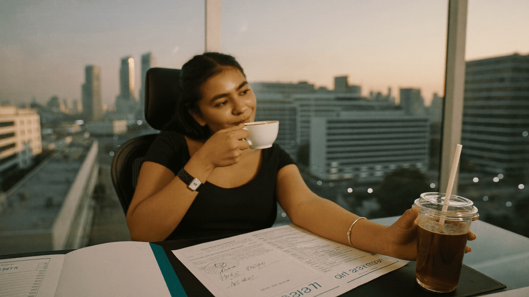 Indian IT manager at desk in warm evening light reviewing signed USB security purchase order
