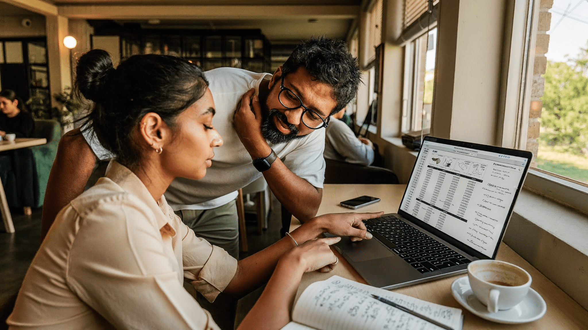 Indian woman COO points at laptop spreadsheet showing Tally GST mismatch Saturday morning